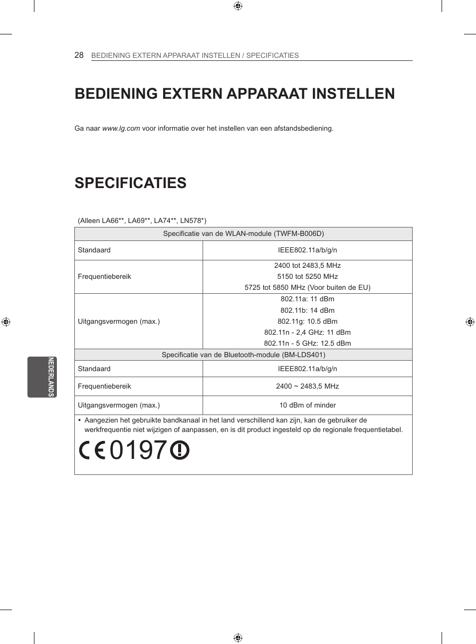 Specificaties, Bediening extern apparaat instellen | LG 60LA620S User Manual | Page 225 / 331