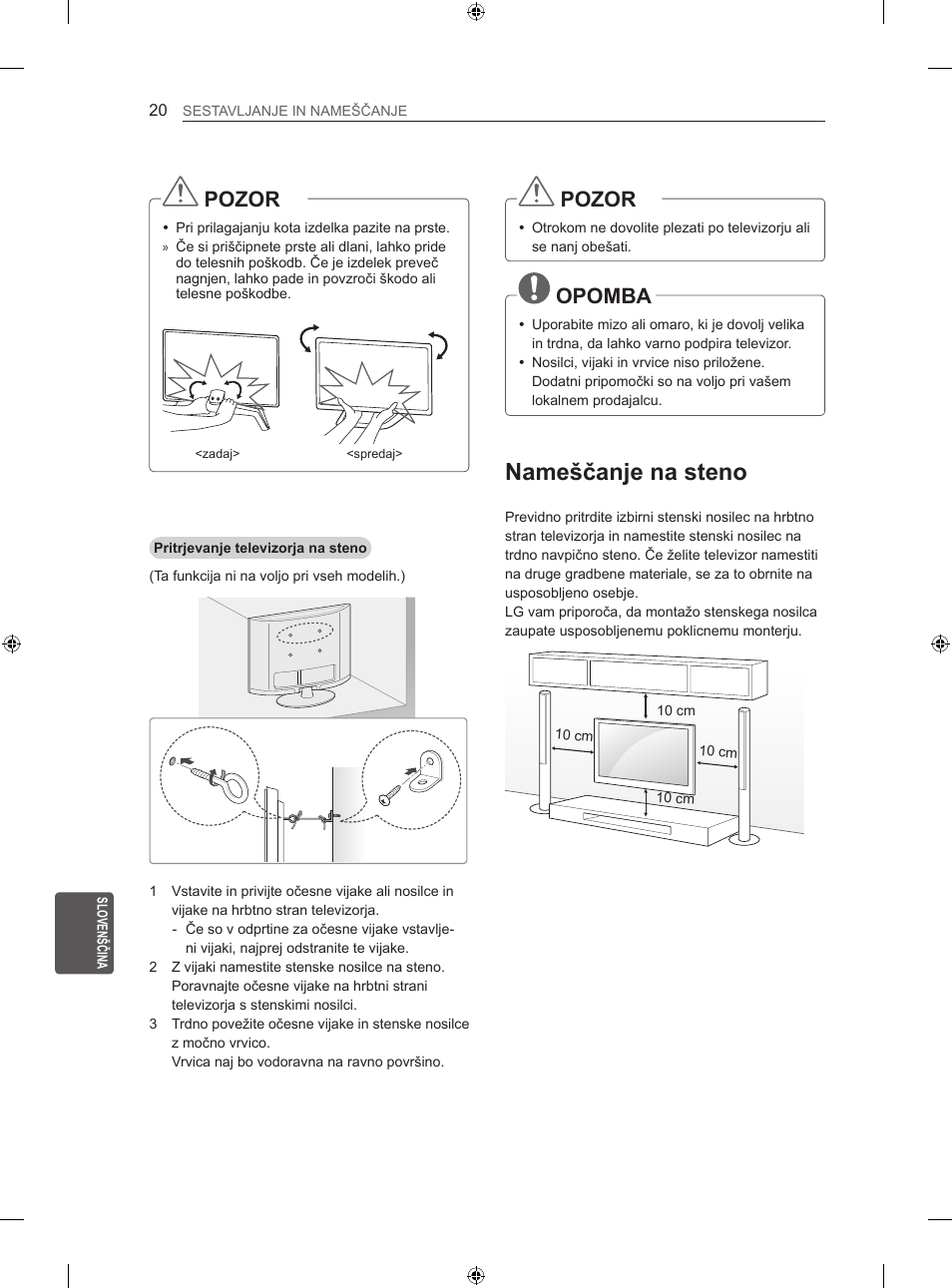 Nameščanje na steno, Pozor, Opomba | LG 60LA620S User Manual | Page 277 / 331