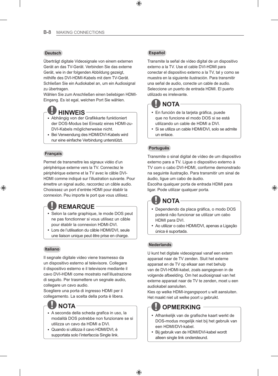 Hinweis, Remarque, Nota | Opmerking | LG 60LA620S User Manual | Page 295 / 331