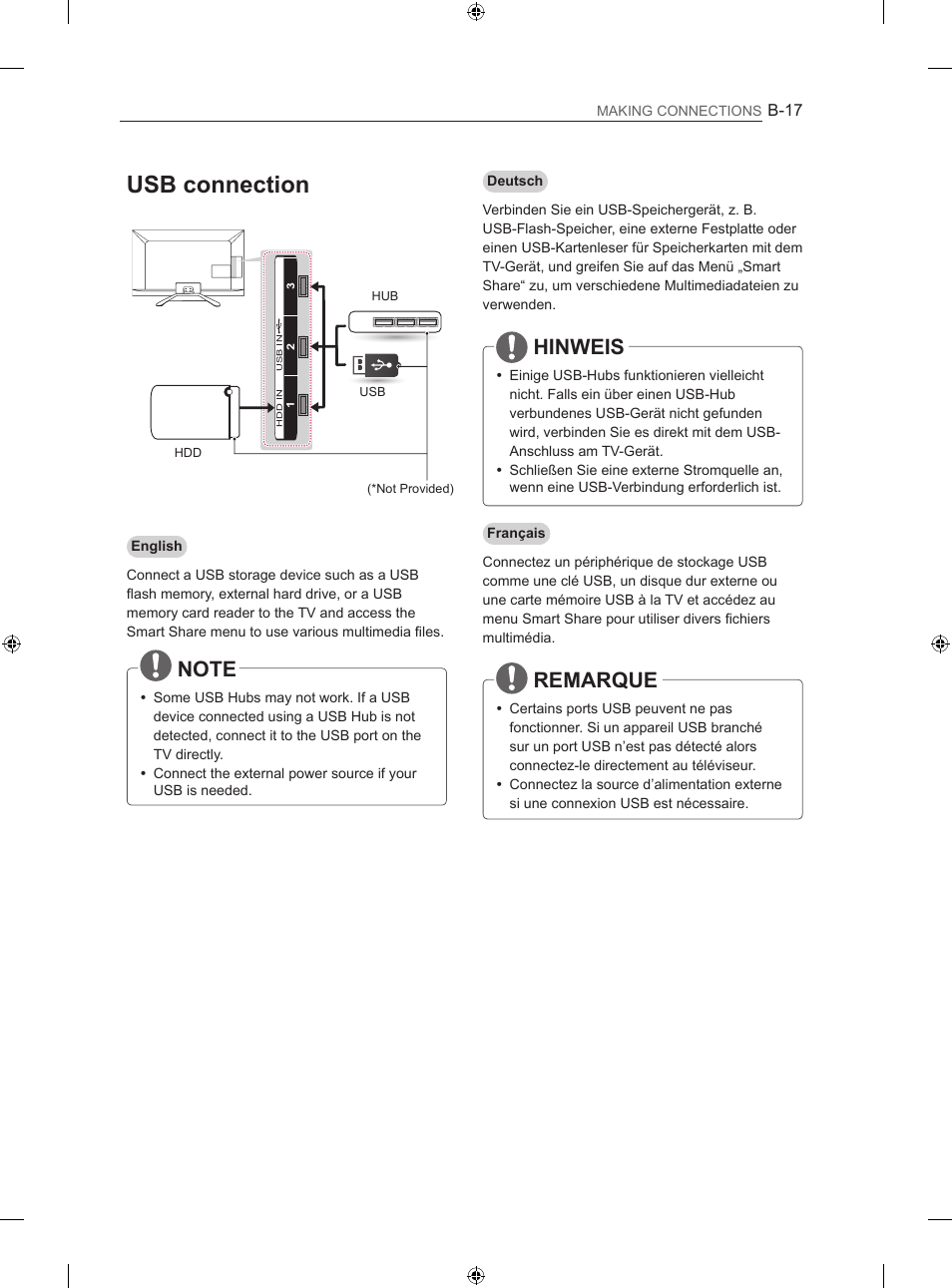 Usb connection, Hinweis, Remarque | LG 60LA620S User Manual | Page 304 / 331