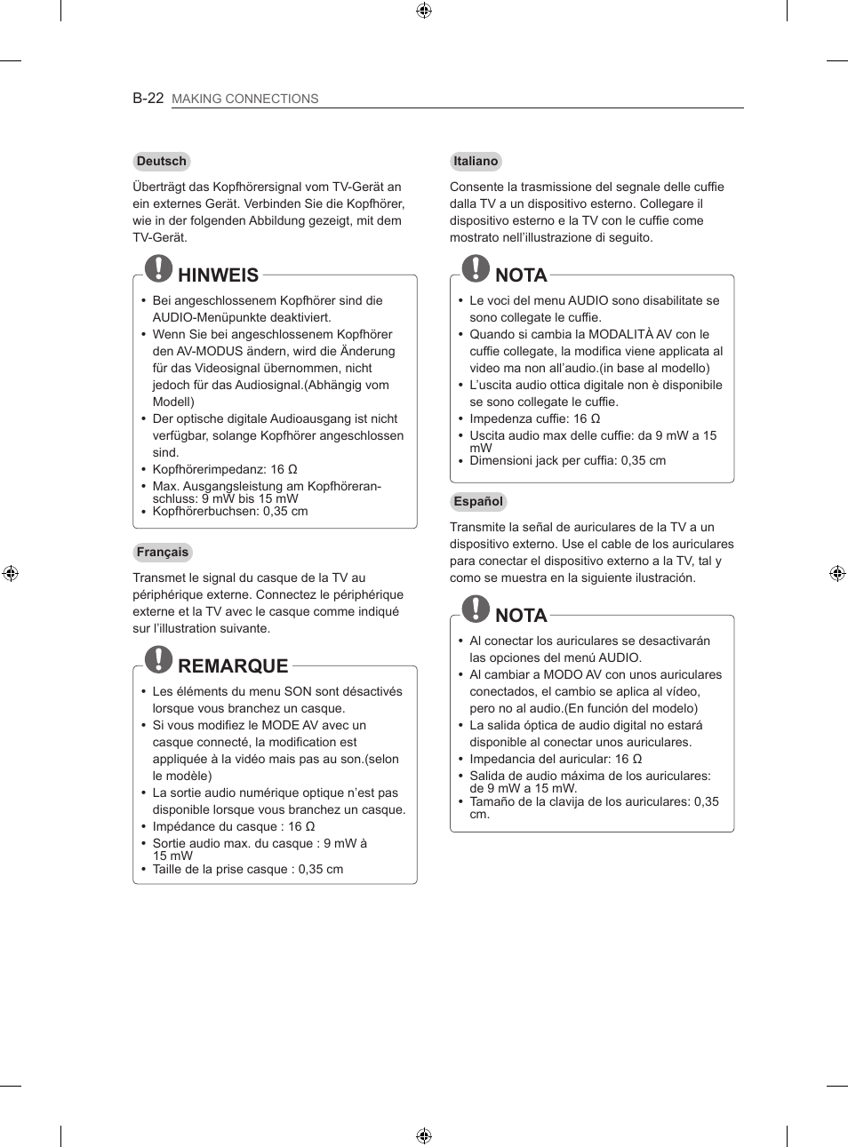 Hinweis, Remarque, Nota | LG 60LA620S User Manual | Page 309 / 331