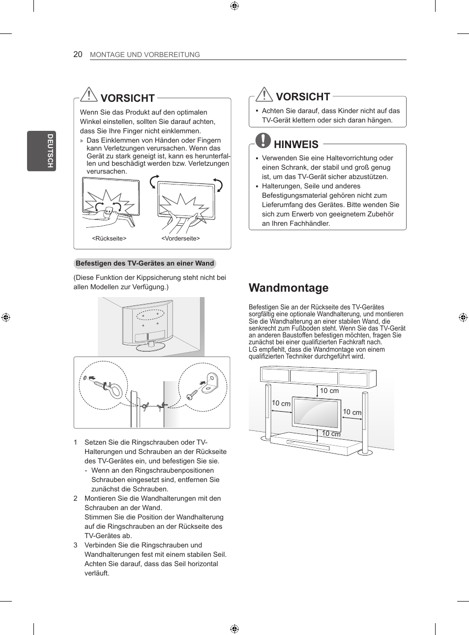 Wandmontage, Vorsicht, Hinweis | LG 60LA620S User Manual | Page 59 / 331