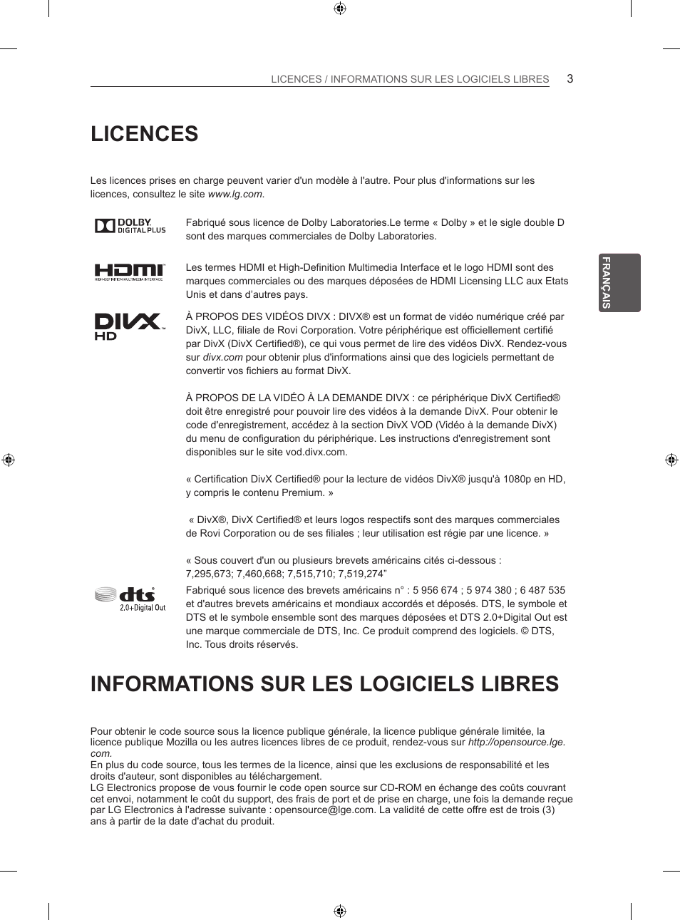 Licences, Informations sur les logiciels libres | LG 60LA620S User Manual | Page 72 / 331