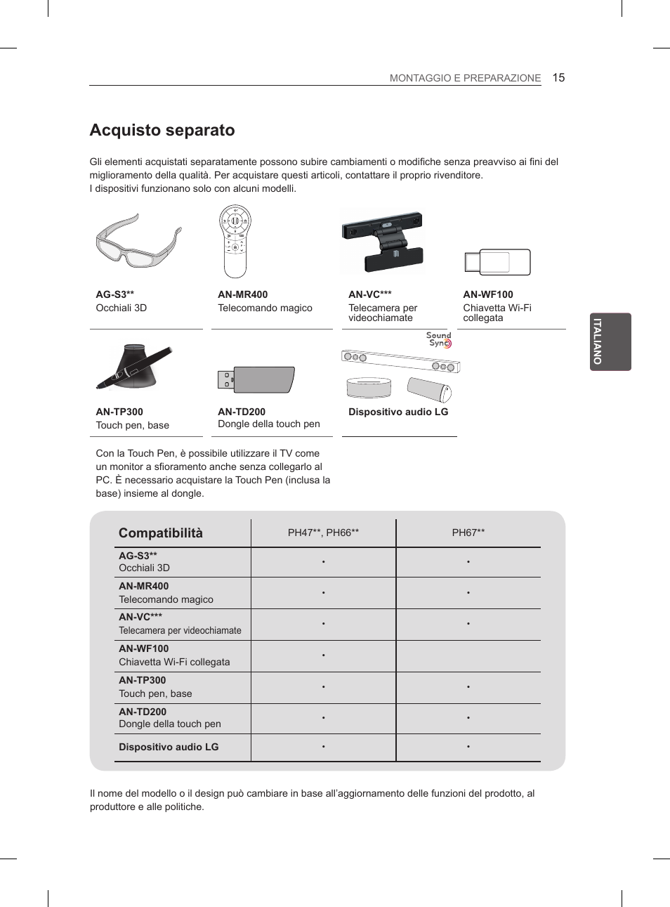 Acquisto separato, Compatibilità | LG 50PH670S User Manual | Page 100 / 275