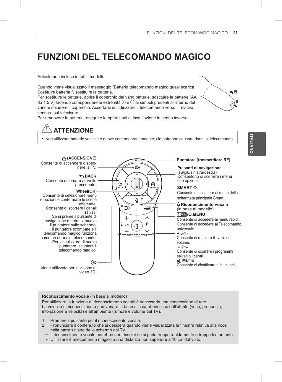 Funzioni del telecomando magico, Attenzione | LG 50PH670S User Manual | Page 106 / 275