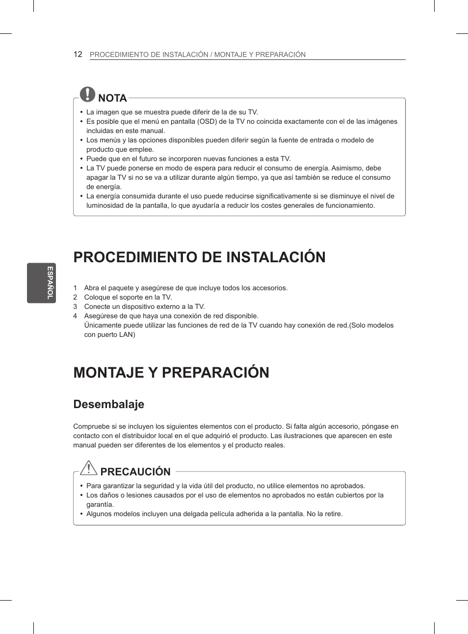 Procedimiento de instalación, Montaje y preparación, Desembalaje | 12 procedimiento de instalación, 12 montaje y preparación, Nota, Precaución | LG 50PH670S User Manual | Page 123 / 275