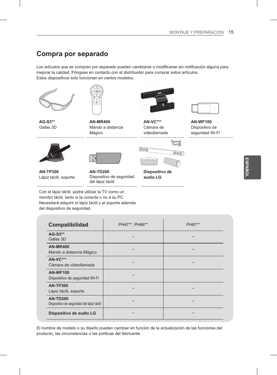 Compra por separado, Compatibilidad | LG 50PH670S User Manual | Page 126 / 275