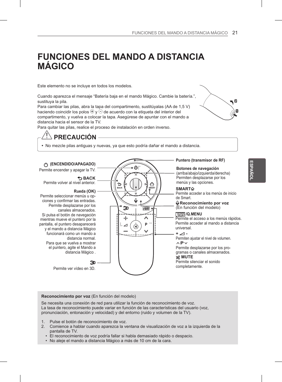 Funciones del mando a distancia mágico, Precaución | LG 50PH670S User Manual | Page 132 / 275