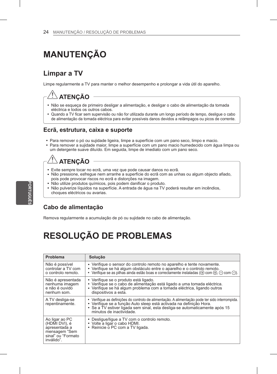 Manutenção, Limpar a tv, Ecrã, estrutura, caixa e suporte | Cabo de alimentação, Resolução de problemas, 24 manutenção, 24 resolução de problemas, Atenção | LG 50PH670S User Manual | Page 161 / 275