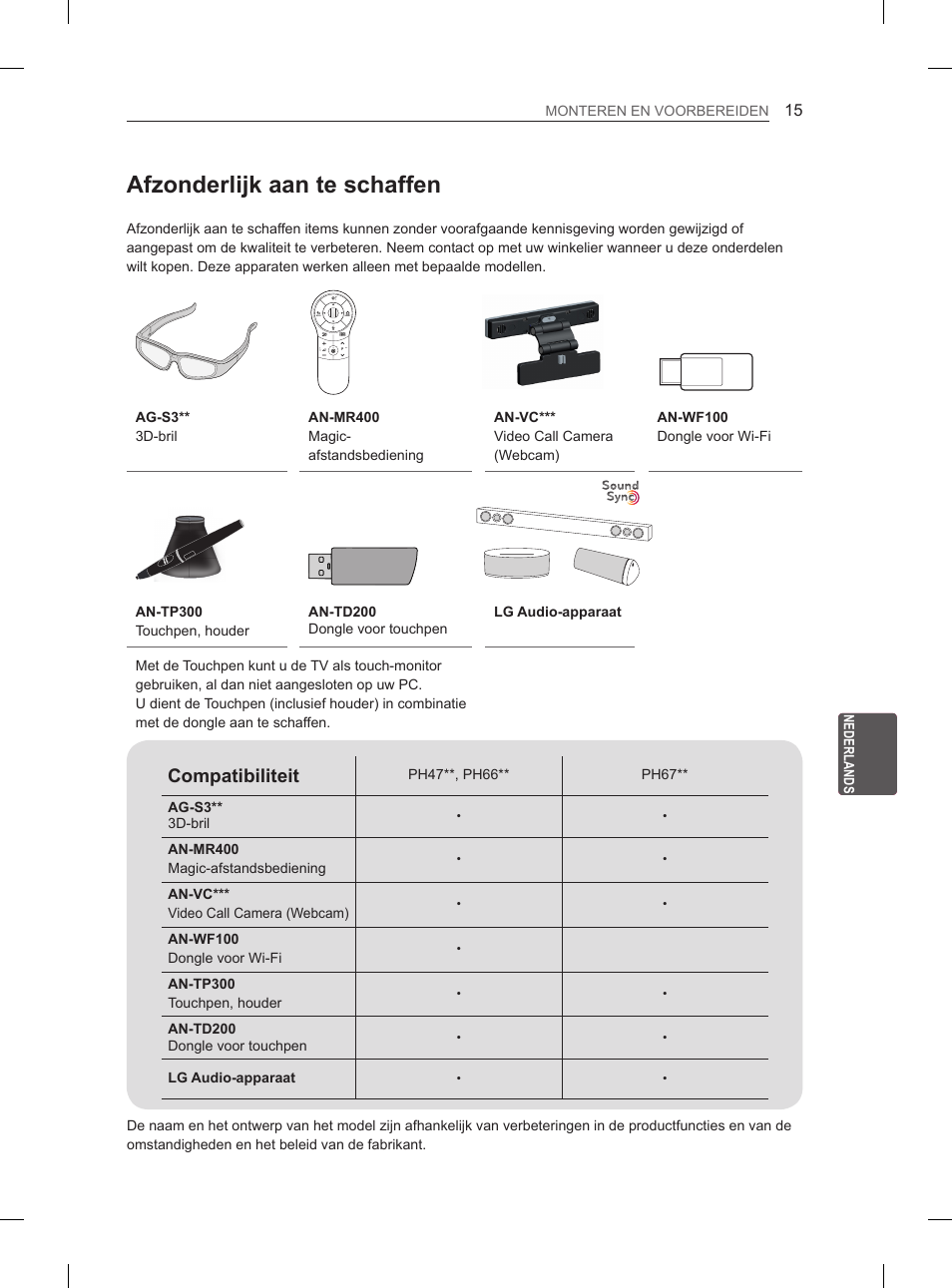 Afzonderlijk aan te schaffen, Compatibiliteit | LG 50PH670S User Manual | Page 178 / 275