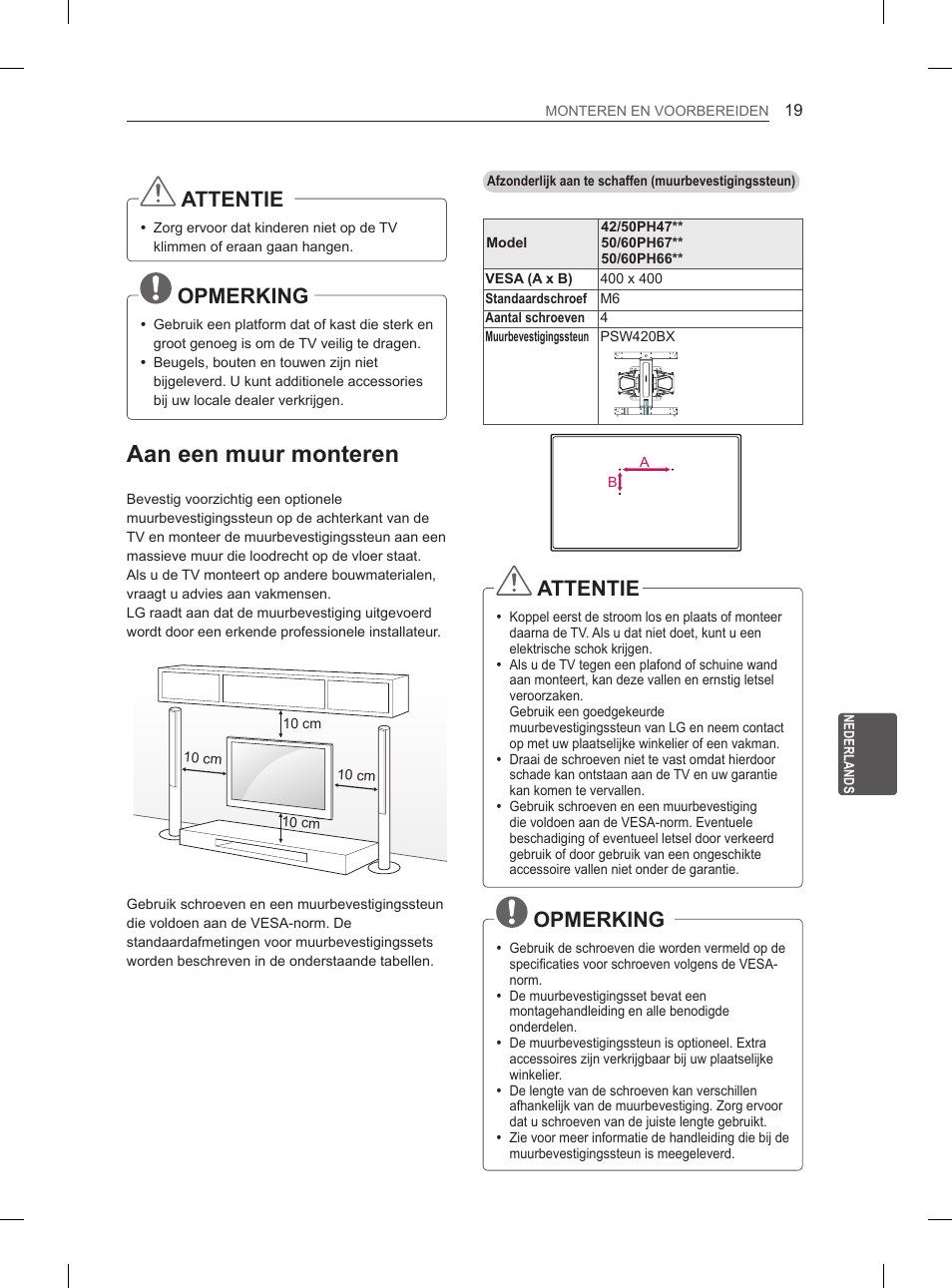 Aan een muur monteren, Attentie, Opmerking | LG 50PH670S User Manual | Page 182 / 275