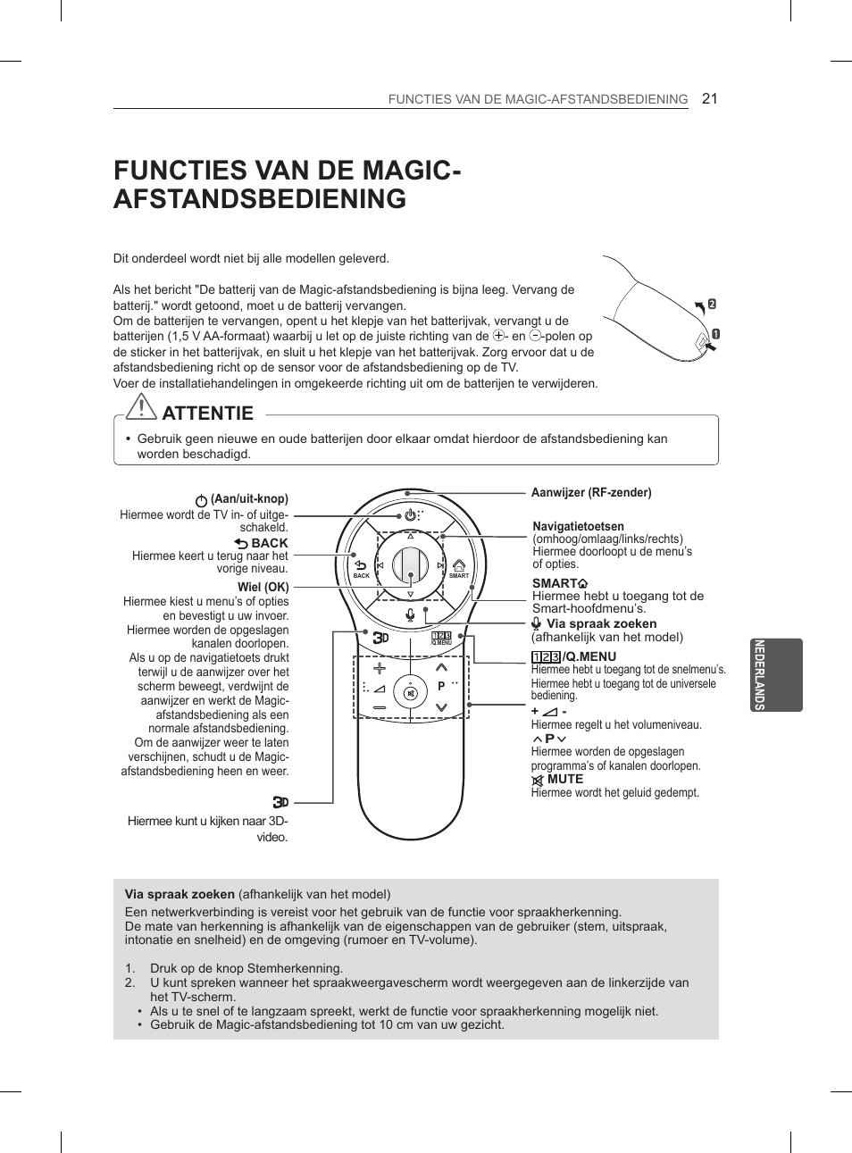 Functies van de magic- afstandsbediening, Attentie | LG 50PH670S User Manual | Page 184 / 275