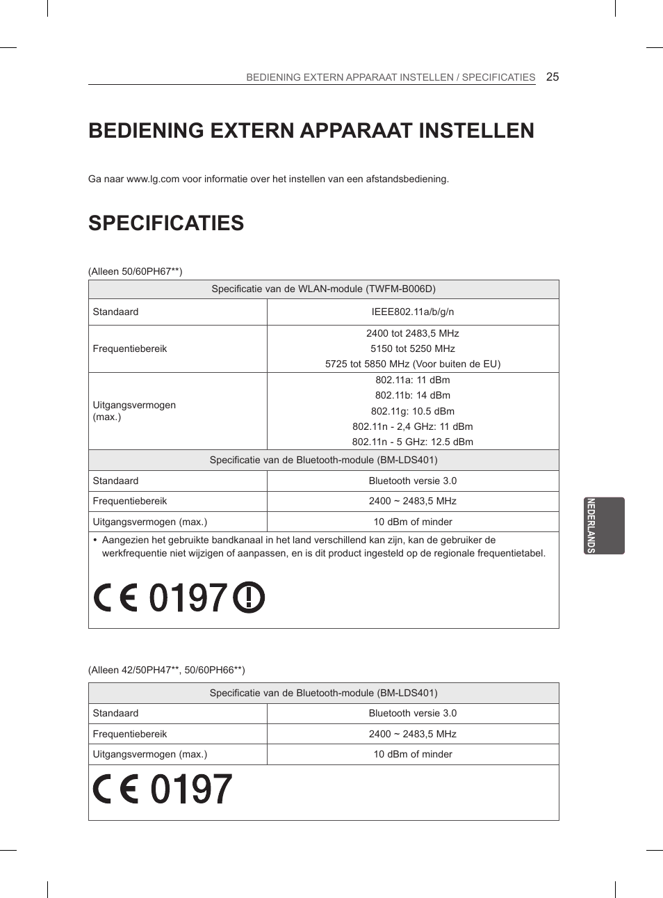 Bediening extern apparaat instellen, Specificaties | LG 50PH670S User Manual | Page 188 / 275