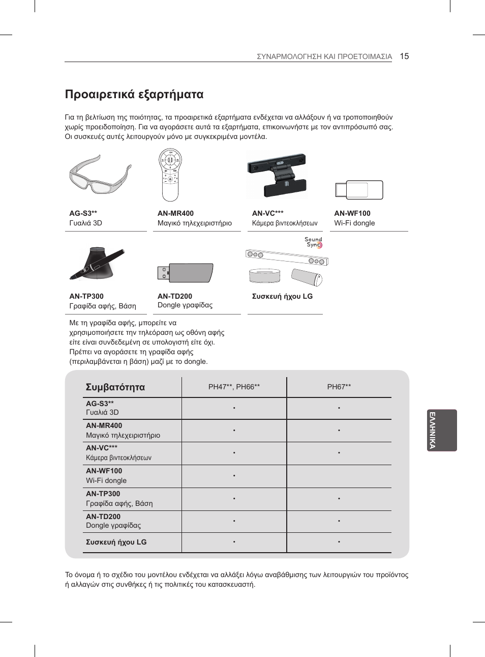 Προαιρετικά εξαρτήματα, Συμβατότητα | LG 50PH670S User Manual | Page 204 / 275