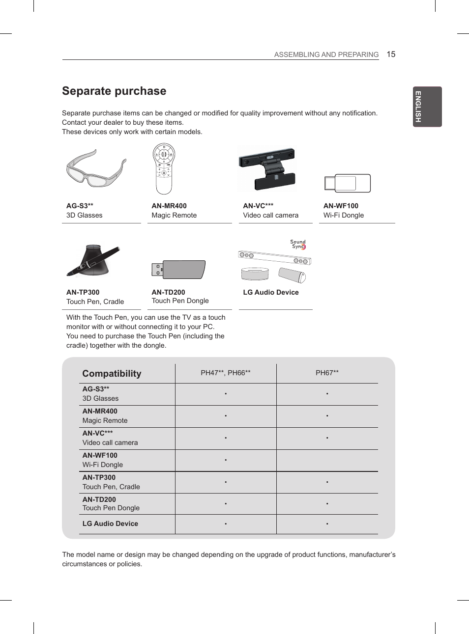 Separate purchase, Compatibility | LG 50PH670S User Manual | Page 22 / 275