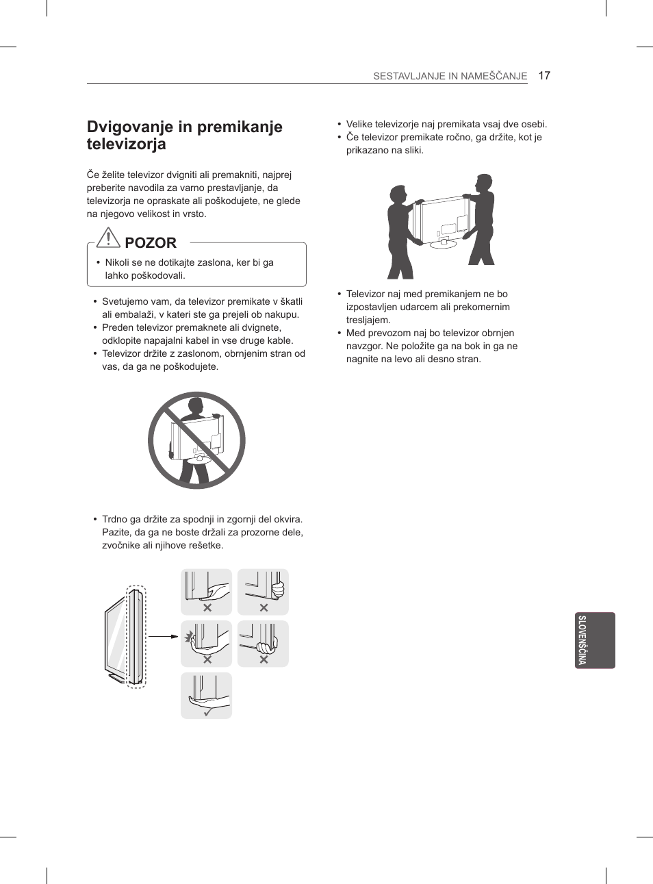 Dvigovanje in premikanje televizorja, Pozor | LG 50PH670S User Manual | Page 232 / 275