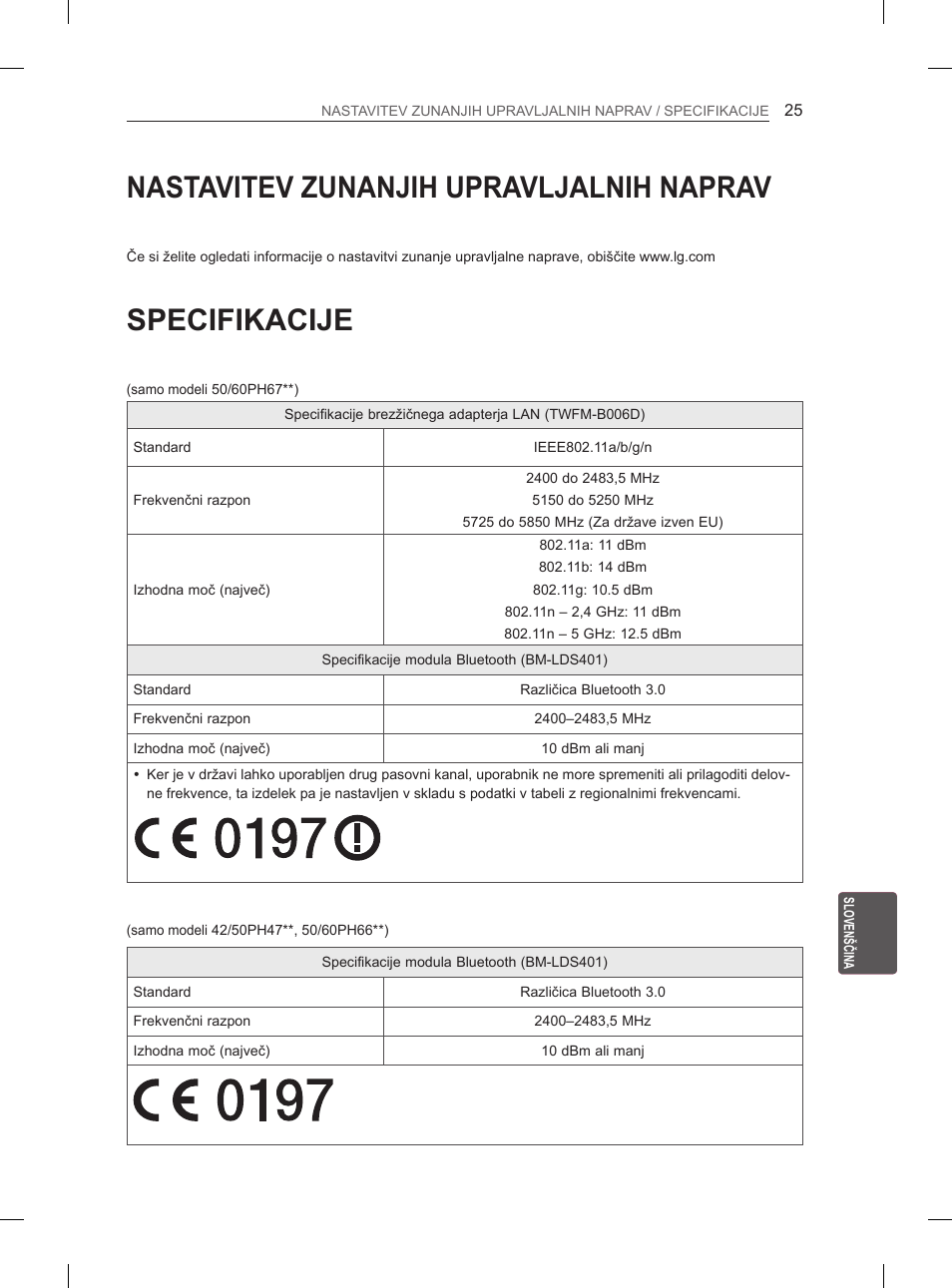 Nastavitev zunanjih upravljalnih naprav, Specifikacije | LG 50PH670S User Manual | Page 240 / 275