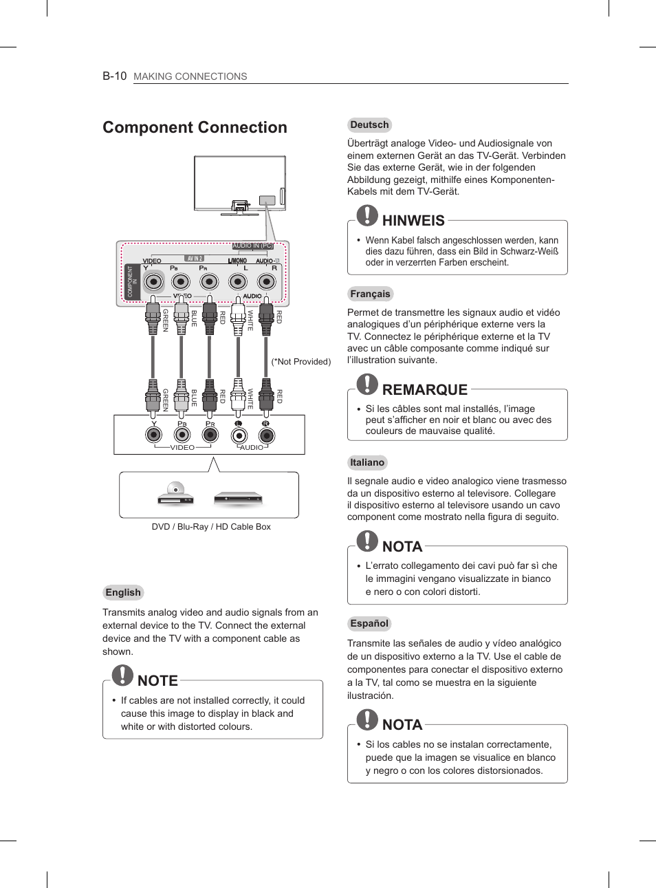 Component connection, Hinweis, Remarque | Nota | LG 50PH670S User Manual | Page 251 / 275