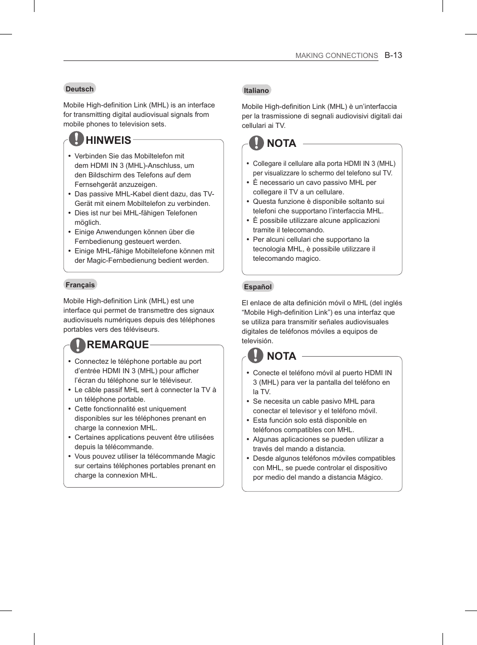 Hinweis, Nota, Nota remarque | LG 50PH670S User Manual | Page 254 / 275