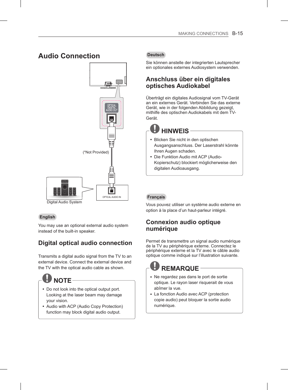 Audio connection, Hinweis, Remarque | Digital optical audio connection, Anschluss über ein digitales optisches audiokabel, Connexion audio optique numérique | LG 50PH670S User Manual | Page 256 / 275
