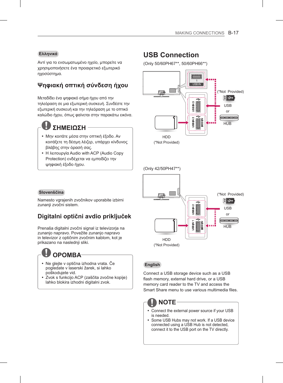 Usb connection, Σημειωση, Opomba | Ψηφιακή οπτική σύνδεση ήχου, Digitalni optični avdio priključek, B-17 | LG 50PH670S User Manual | Page 258 / 275