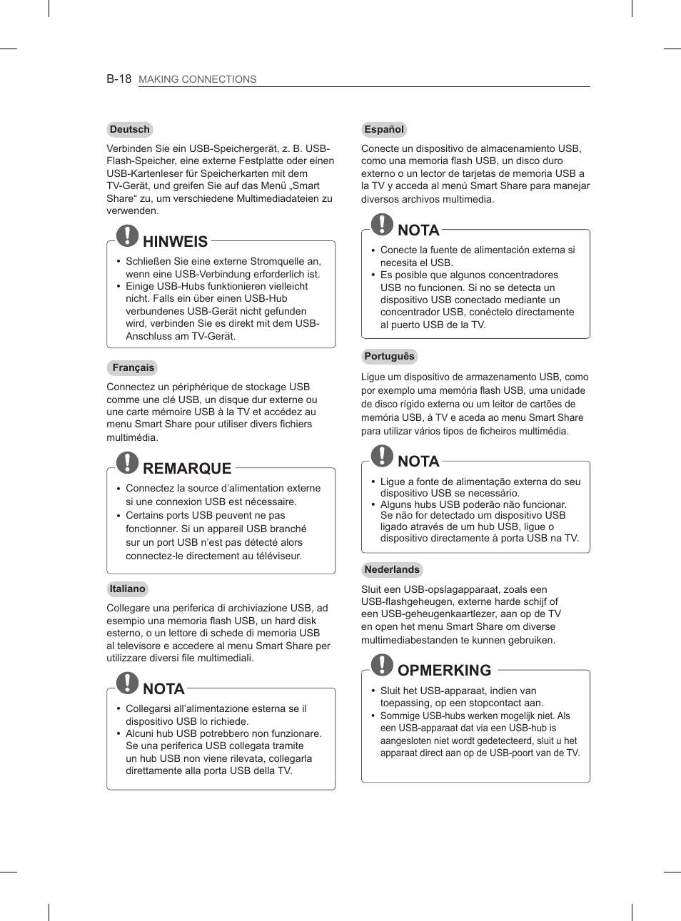Nota, Opmerking, Hinweis | Remarque | LG 50PH670S User Manual | Page 259 / 275