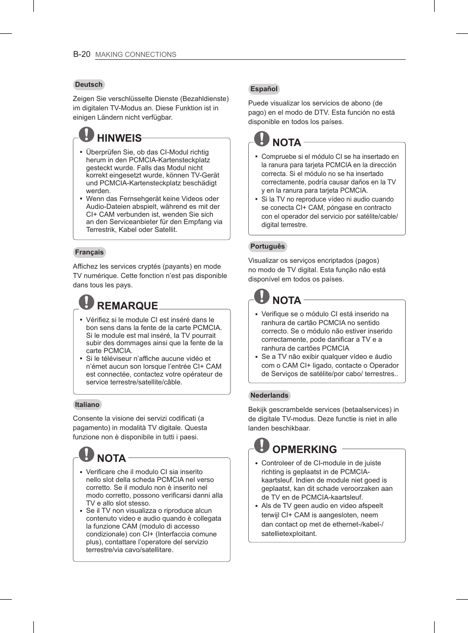 Hinweis, Remarque, Nota | Opmerking | LG 50PH670S User Manual | Page 261 / 275