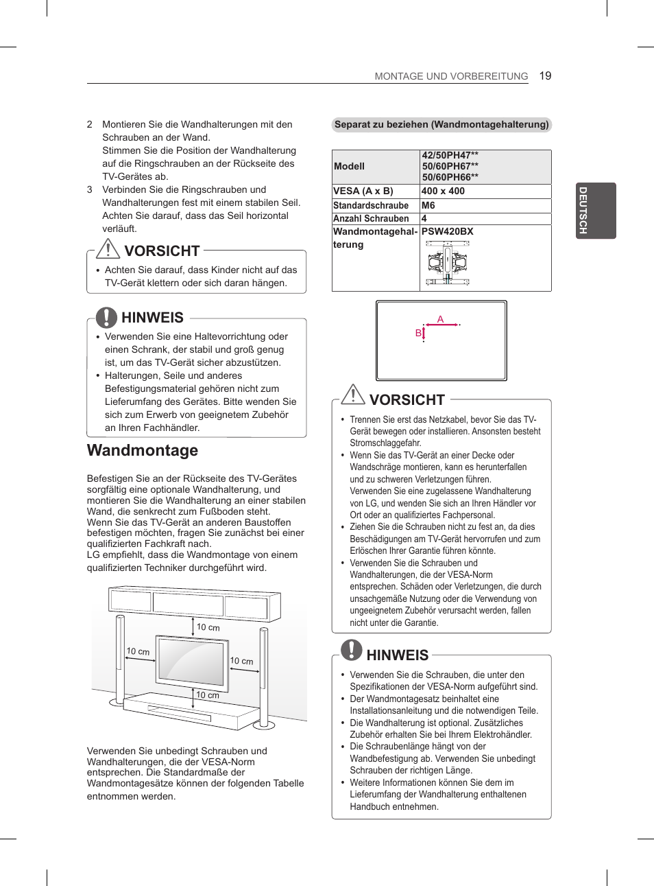 Wandmontage, Vorsicht, Hinweis | LG 50PH670S User Manual | Page 52 / 275