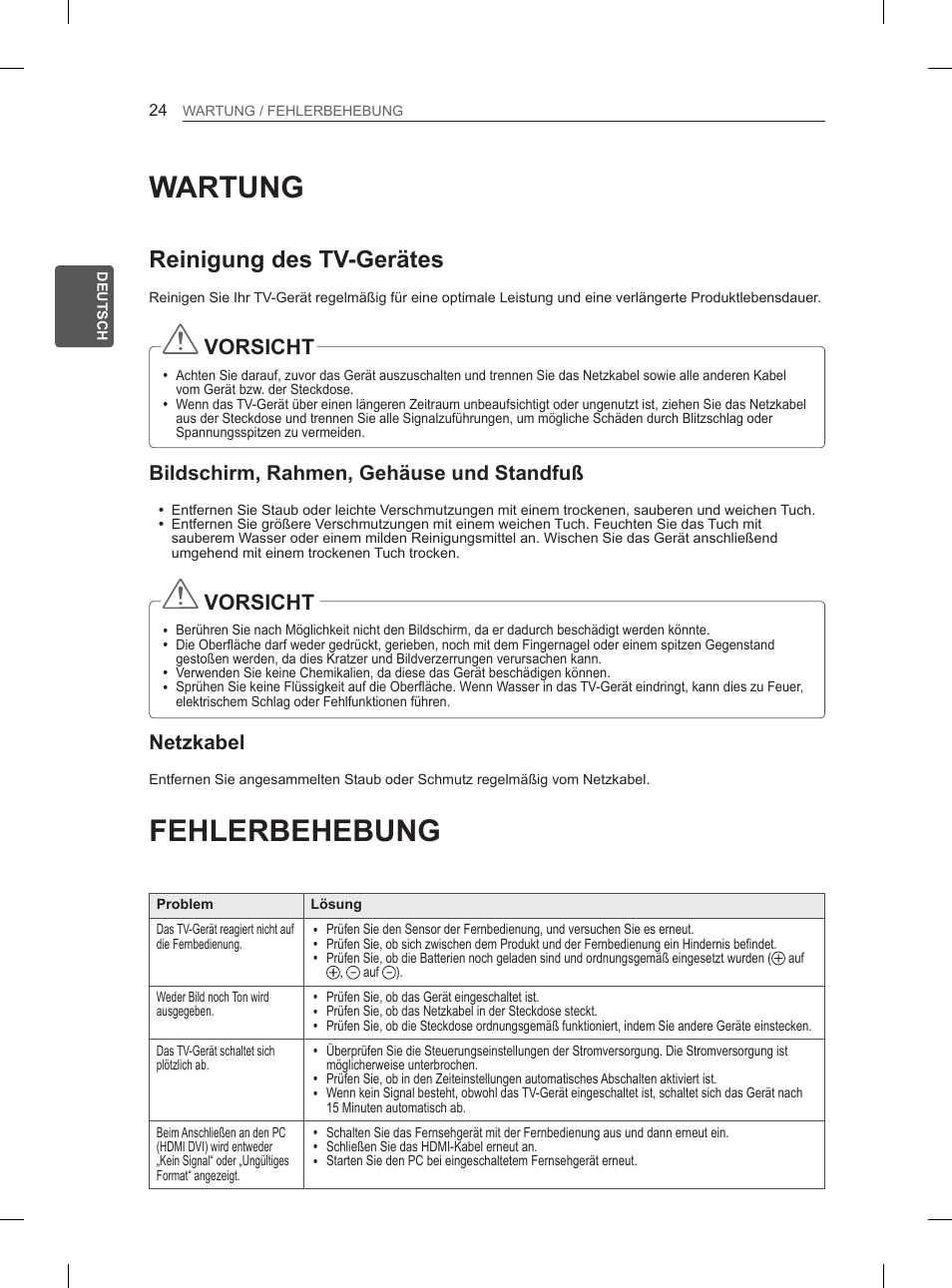 Wartung, Reinigung des tv-gerätes, Bildschirm, rahmen, gehäuse und standfuß | Netzkabel, Fehlerbehebung, 24 wartung, Bildschirm, rahmen, gehäuse und, Standfuß, 24 fehlerbehebung, Vorsicht | LG 50PH670S User Manual | Page 57 / 275