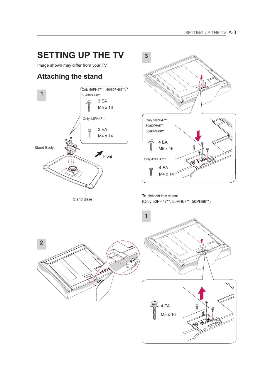 Setting up the tv, Attaching the stand | LG 50PH670S User Manual | Page 6 / 275