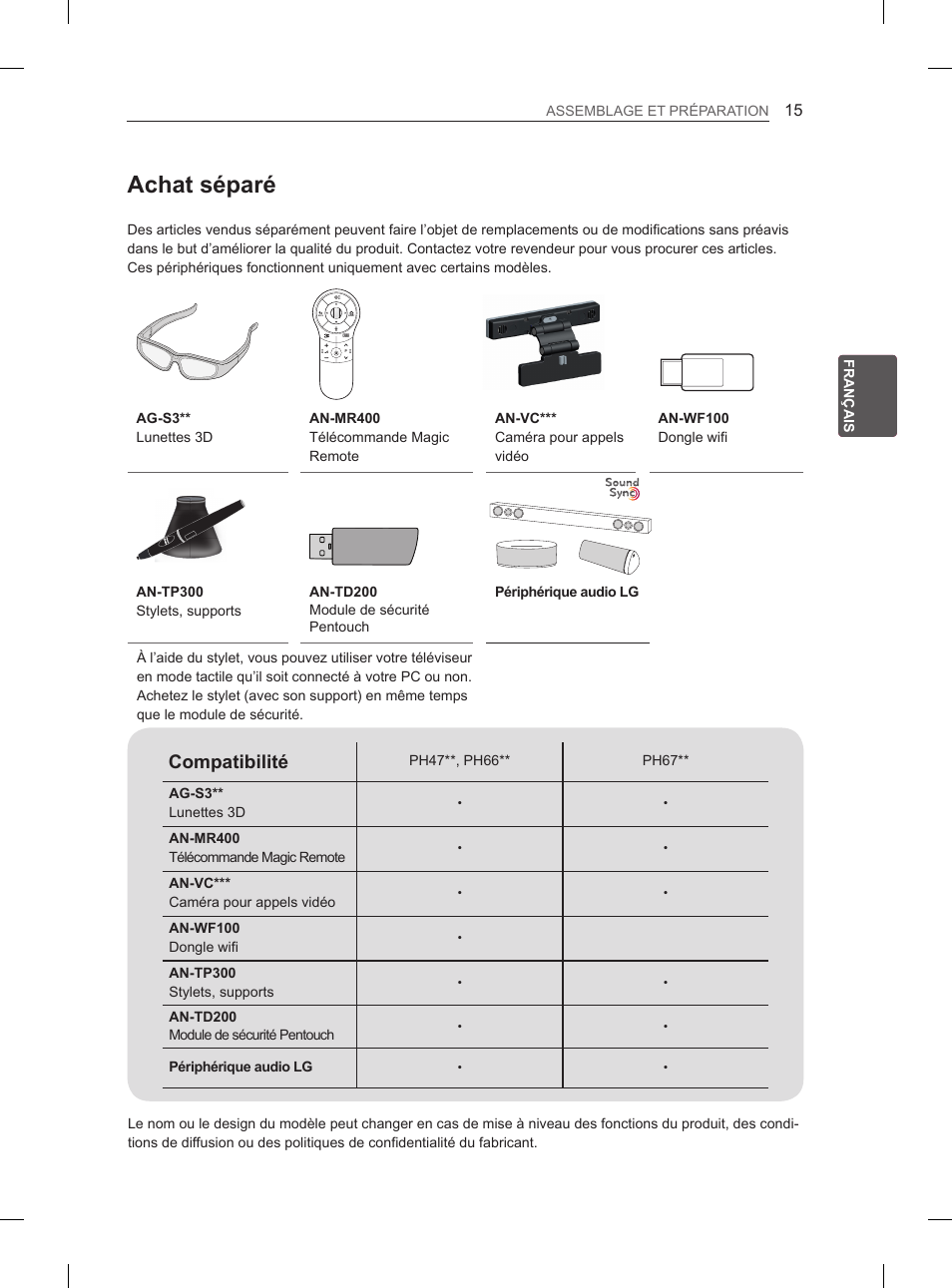 Achat séparé, Compatibilité | LG 50PH670S User Manual | Page 74 / 275