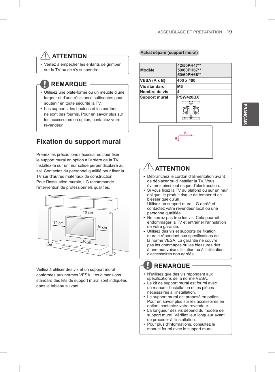 Fixation du support mural, Attention, Remarque | LG 50PH670S User Manual | Page 78 / 275