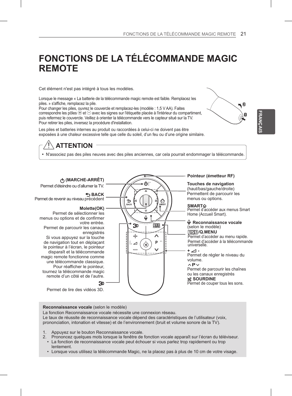 Fonctions de la télécommande magic remote, Attention | LG 50PH670S User Manual | Page 80 / 275