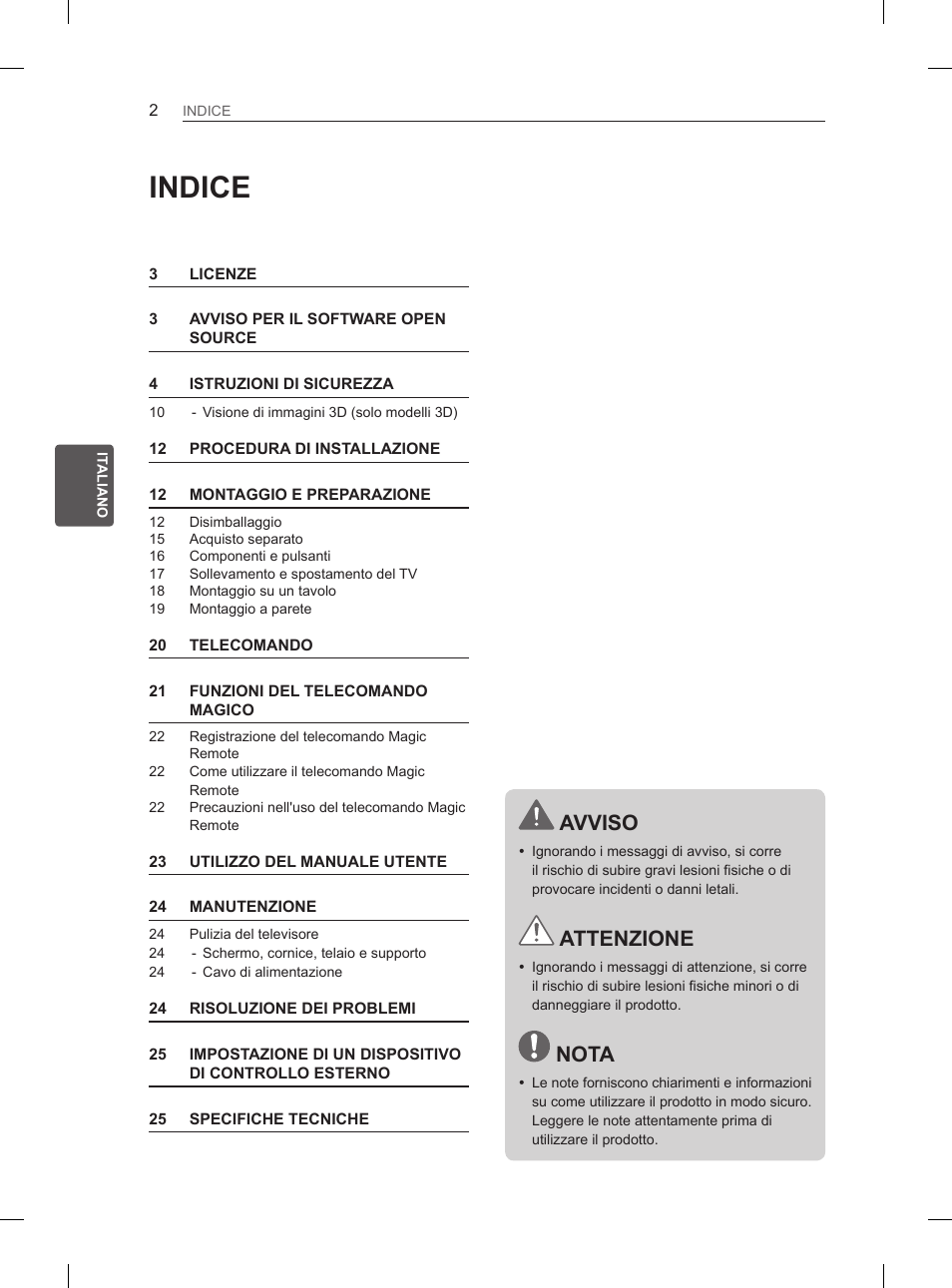 Indice, Avviso, Attenzione | Nota | LG 50PH670S User Manual | Page 87 / 275