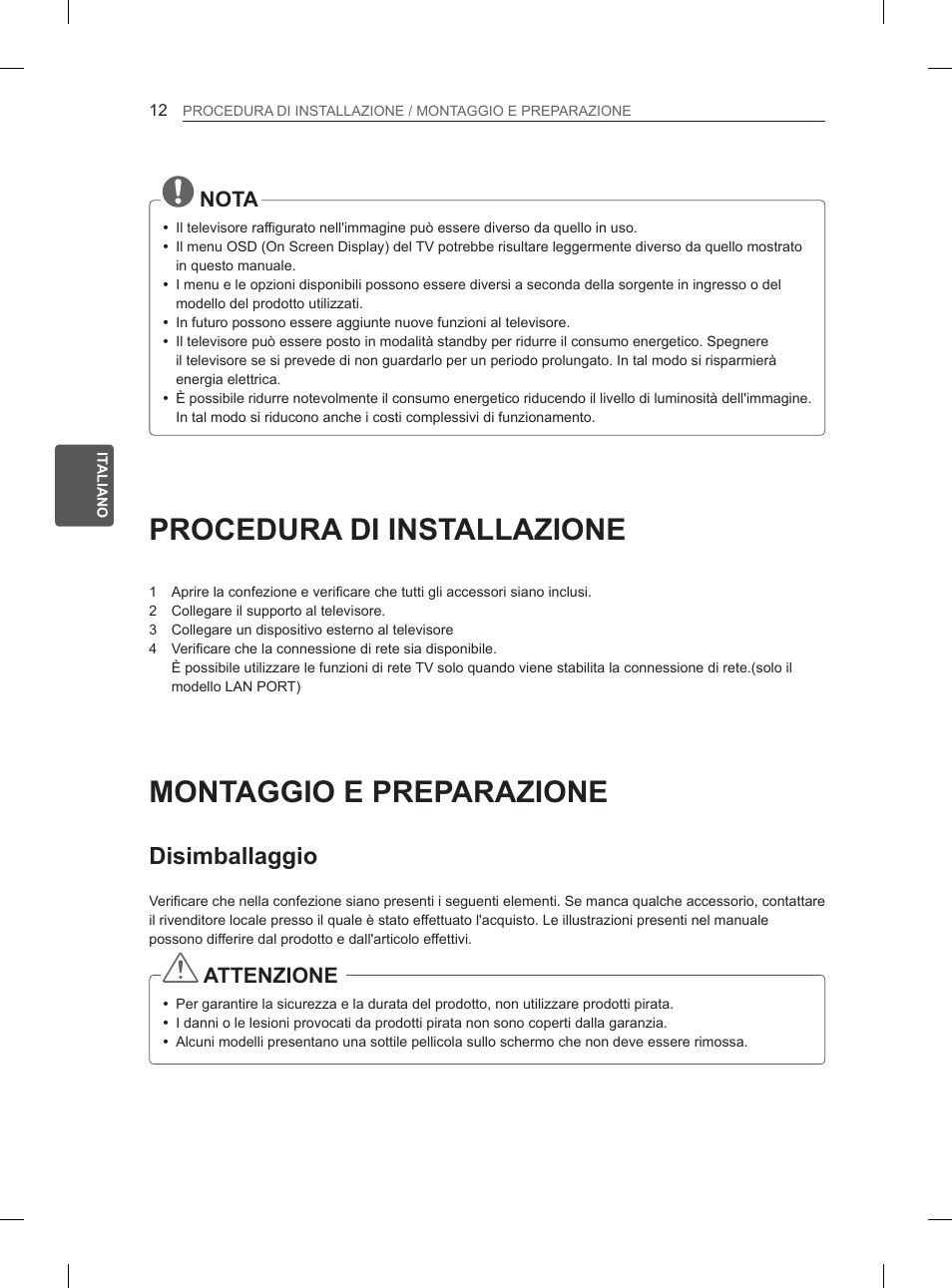 Procedura di installazione, Montaggio e preparazione, Disimballaggio | 12 procedura di installazione, 12 montaggio e preparazione, Nota, Attenzione | LG 50PH670S User Manual | Page 97 / 275