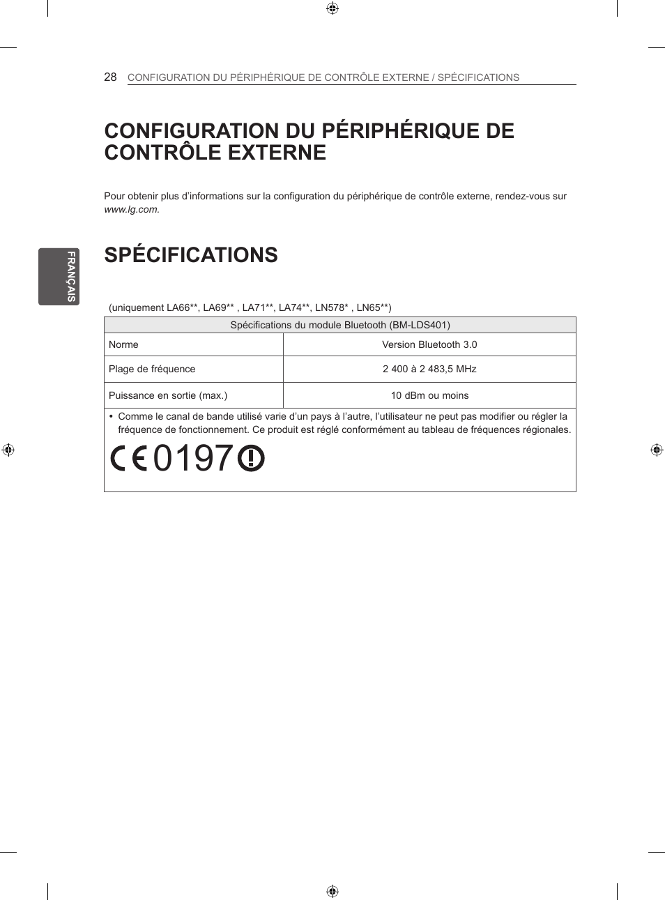 Spécifications, Configuration du périphérique de contrôle externe | LG 42LN570S User Manual | Page 129 / 335