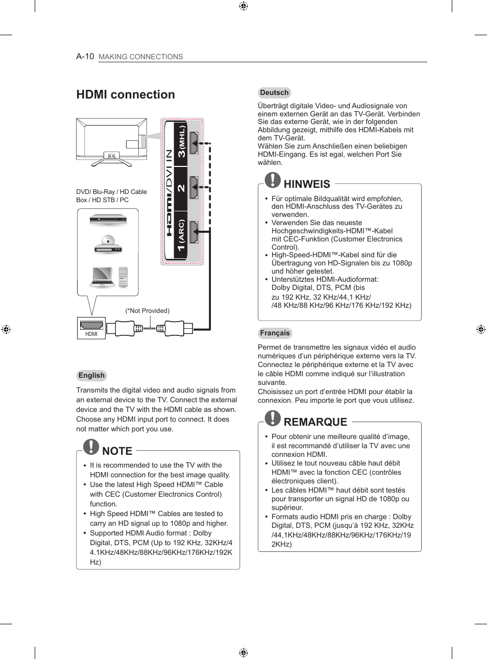 Hdmi connection, Hinweis, Remarque | LG 42LN570S User Manual | Page 13 / 335