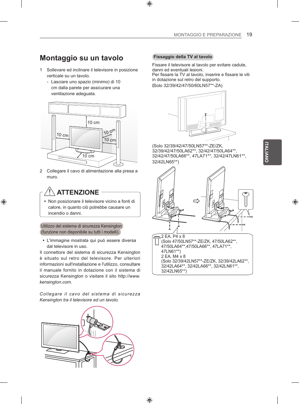 Montaggio su un tavolo, Attenzione | LG 42LN570S User Manual | Page 150 / 335
