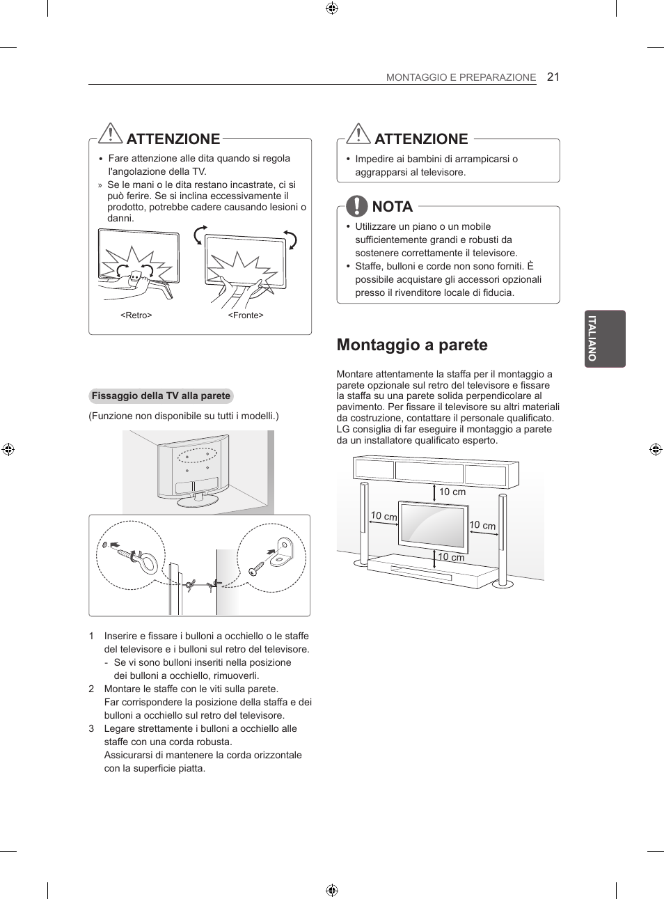 Montaggio a parete, Attenzione, Nota | LG 42LN570S User Manual | Page 152 / 335