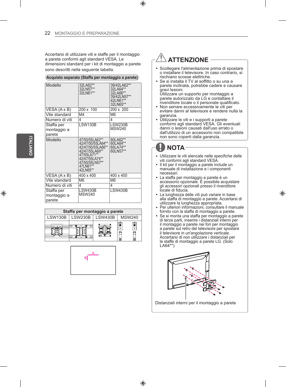 Attenzione, Nota | LG 42LN570S User Manual | Page 153 / 335