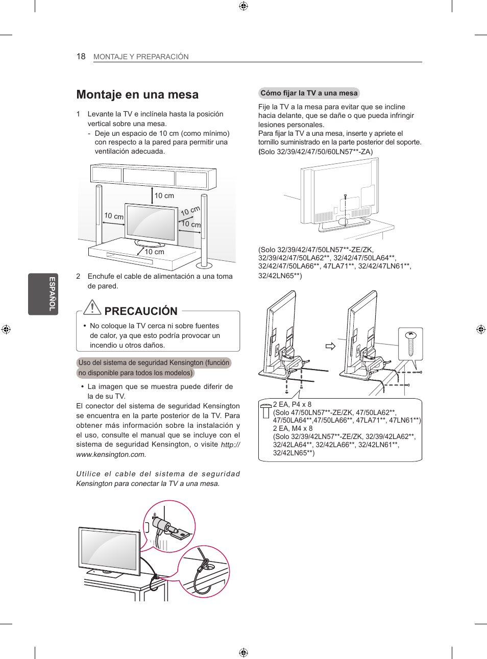 Montaje en una mesa, Precaución | LG 42LN570S User Manual | Page 189 / 335