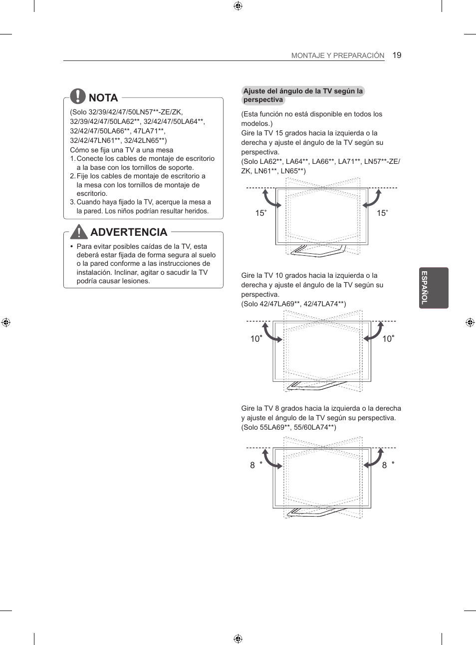 Nota, Advertencia | LG 42LN570S User Manual | Page 190 / 335