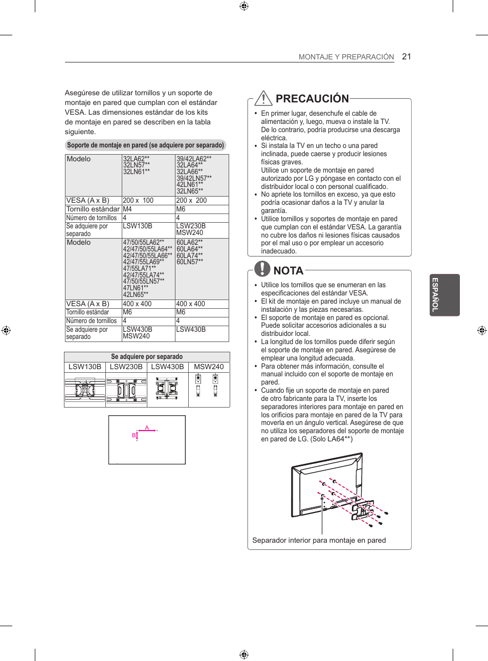 Precaución, Nota | LG 42LN570S User Manual | Page 192 / 335