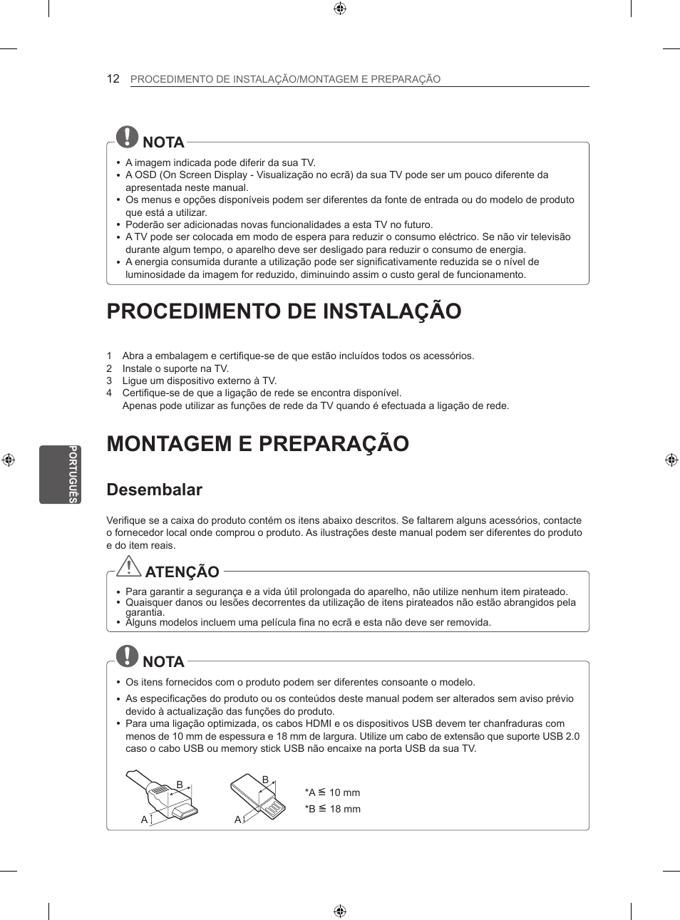 Procedimento de instalação, Montagem e preparação, Desembalar | Nota, Atenção | LG 42LN570S User Manual | Page 213 / 335