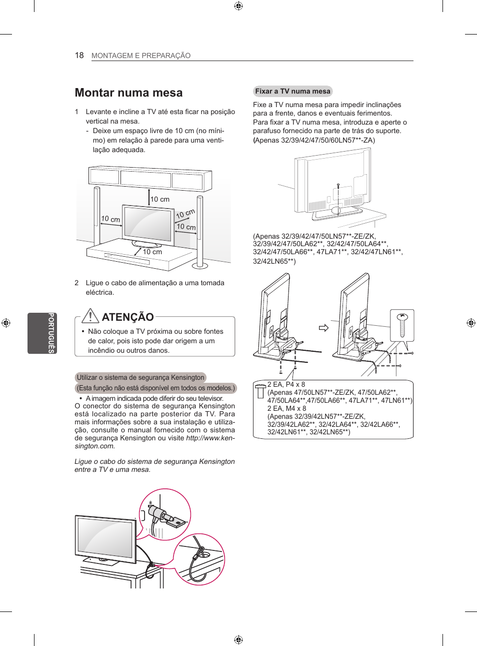 Montar numa mesa, Atenção | LG 42LN570S User Manual | Page 219 / 335