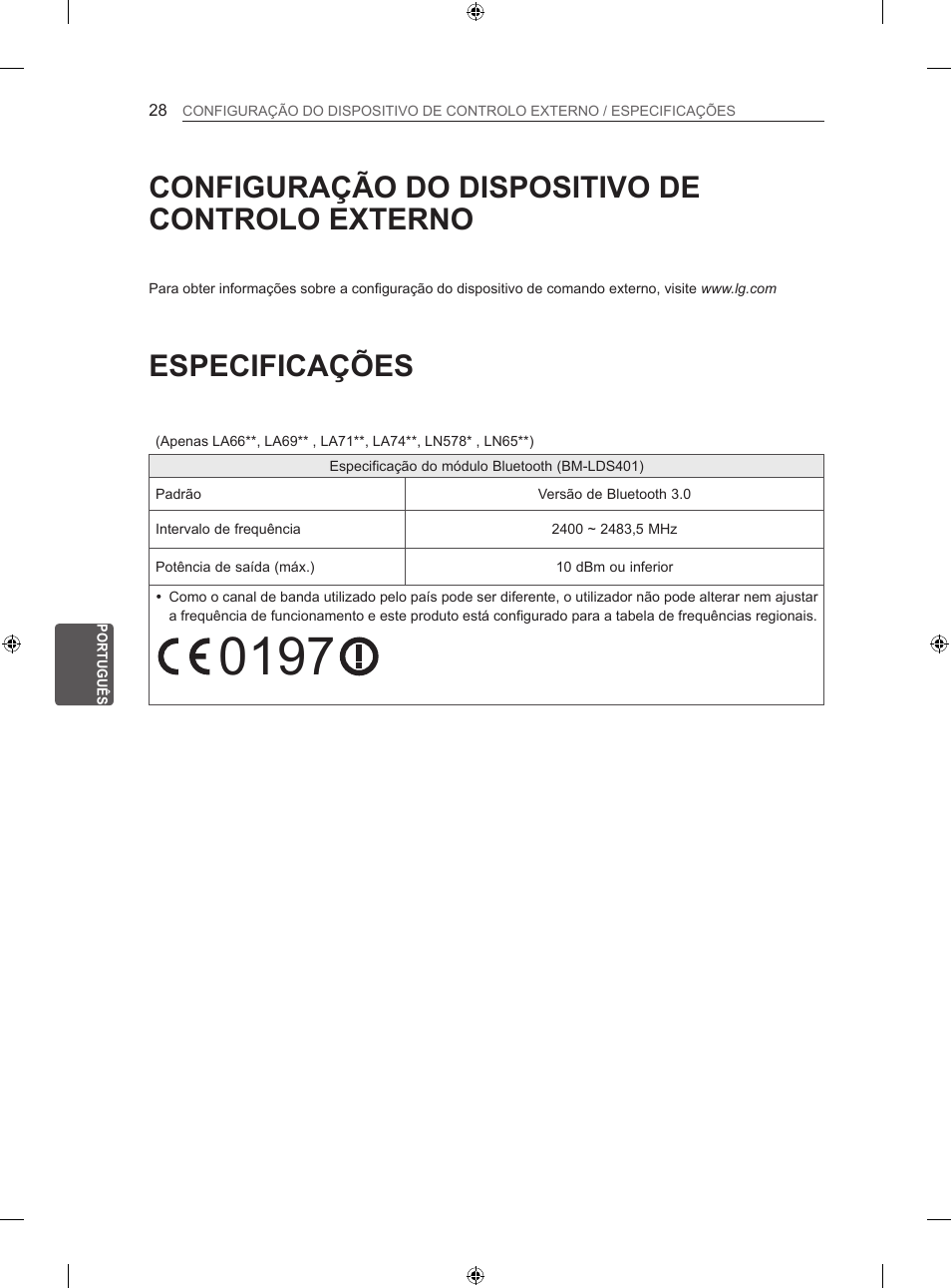 Especificações, Configuração do dispositivo de controlo externo | LG 42LN570S User Manual | Page 229 / 335