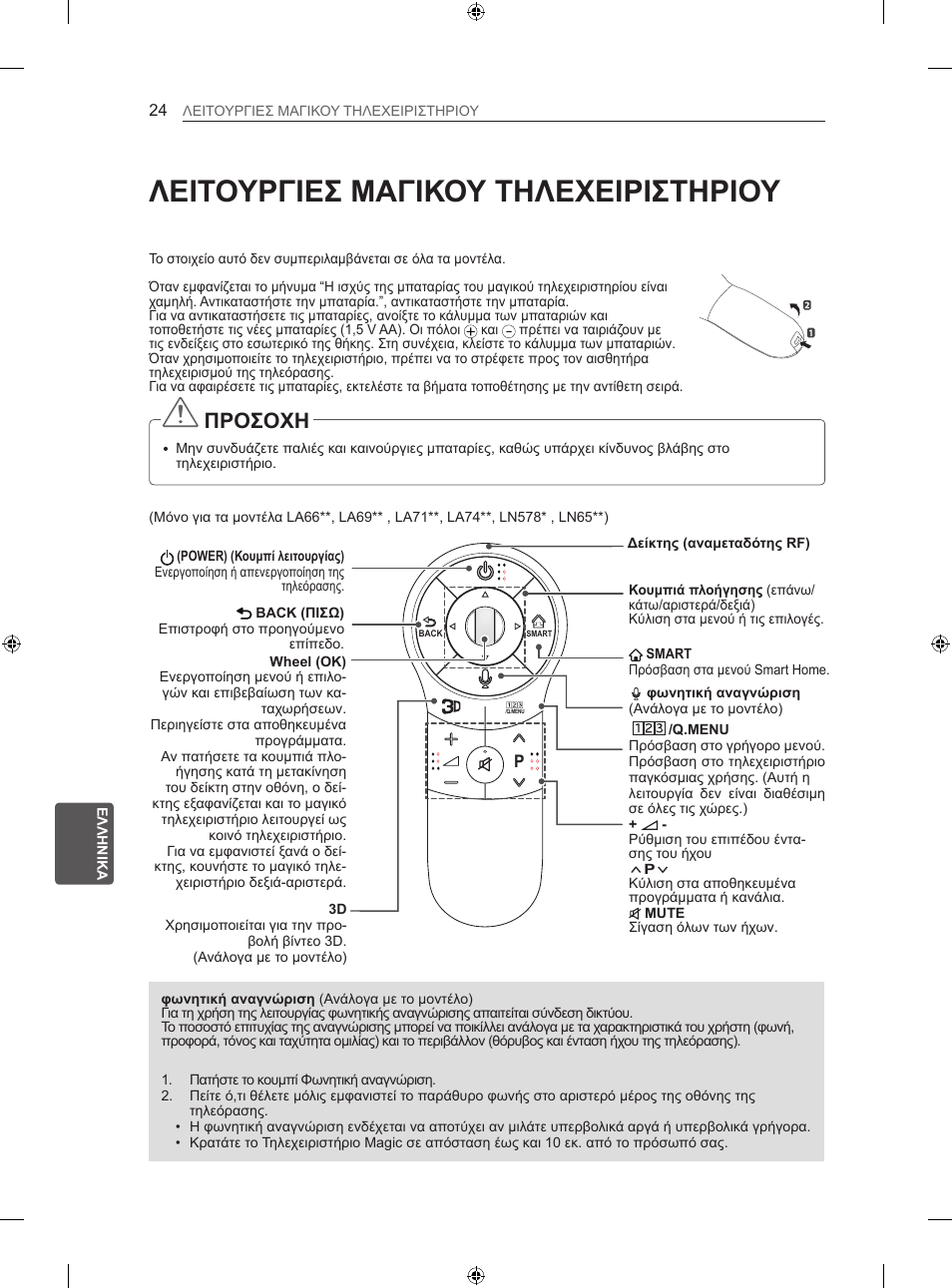 Λειτουργιεσ μαγικου τηλεχειριστηριου, Προσοχη | LG 42LN570S User Manual | Page 285 / 335