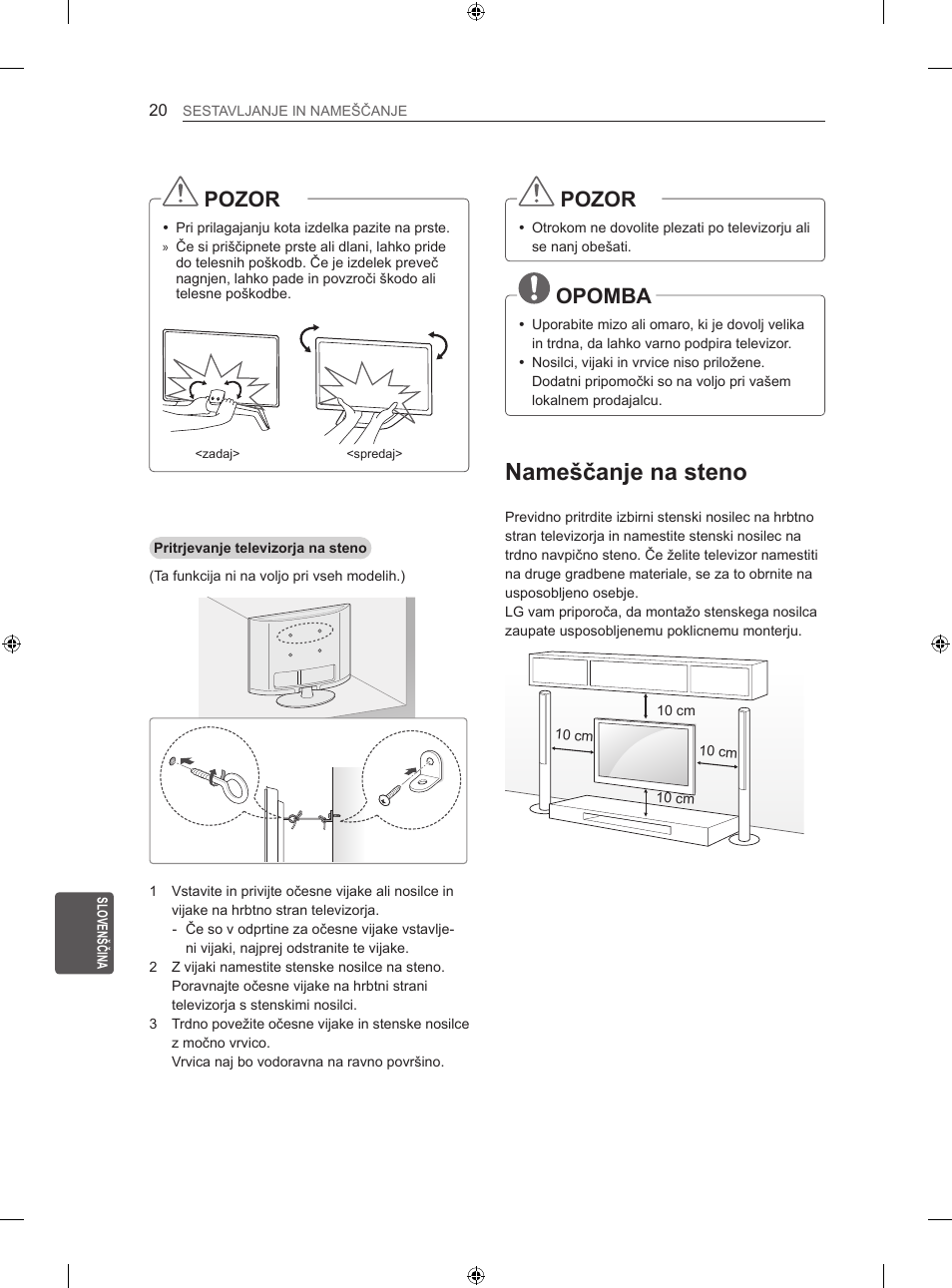 Nameščanje na steno, Pozor, Opomba | LG 42LN570S User Manual | Page 311 / 335