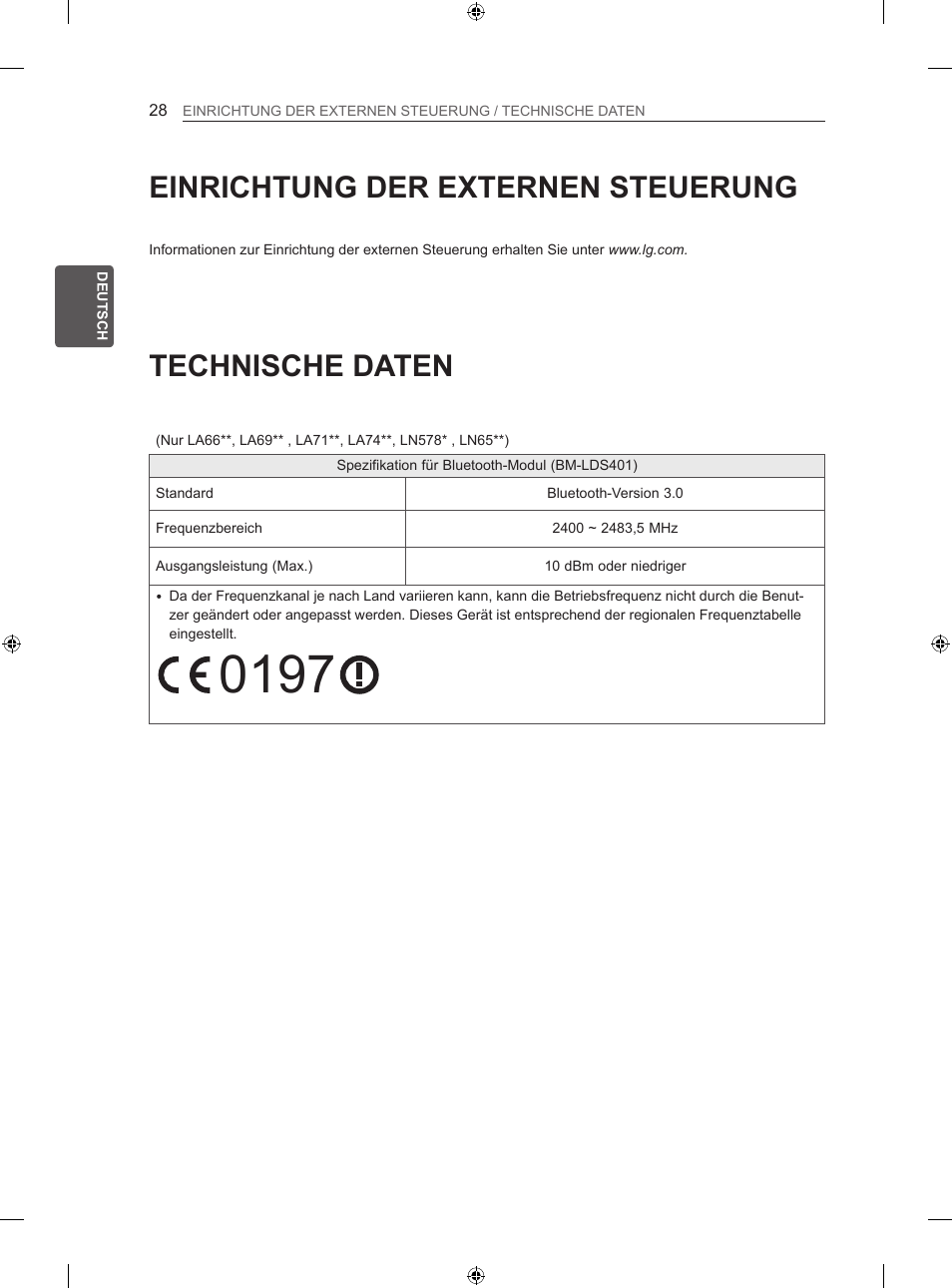 Technische daten, Einrichtung der externen steuerung | LG 42LN570S User Manual | Page 99 / 335