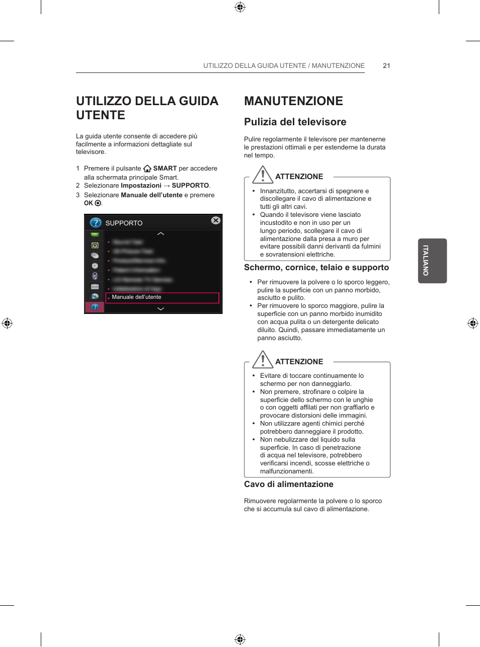 Utilizzo della guida utente, Manutenzione, Pulizia del televisore | LG 47LB5700 User Manual | Page 111 / 236